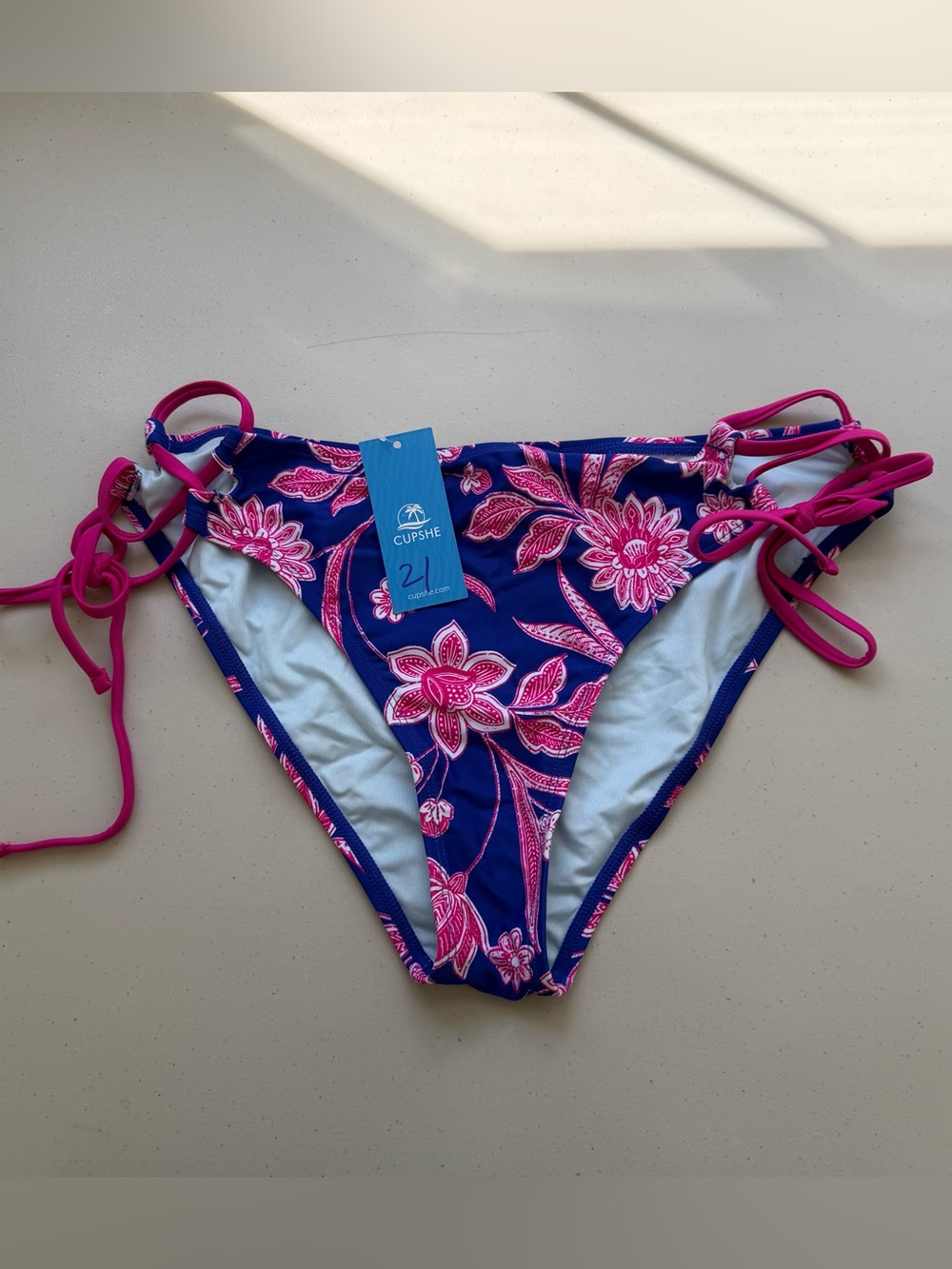 Cupshe Women’s Bikini Bottom M Blue Pink Floral Side Tie Lined Stretch